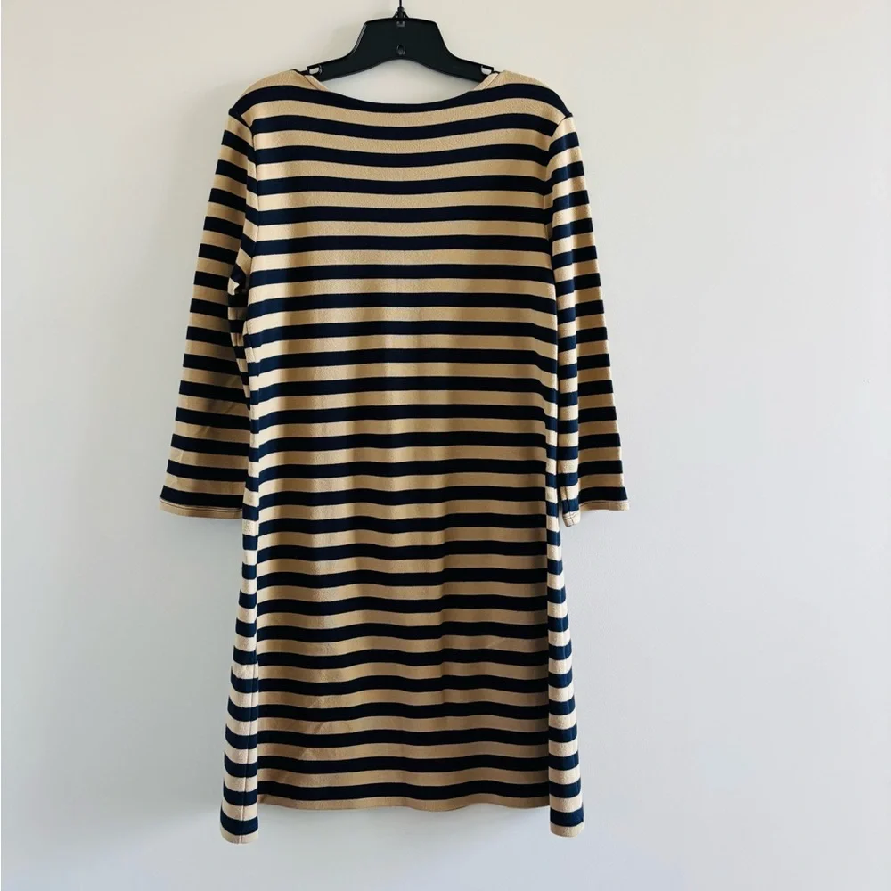 Talbots Dress Navy Tan Stripe Long Sleeve Cotton Knee Women’s L Preppy Nautical